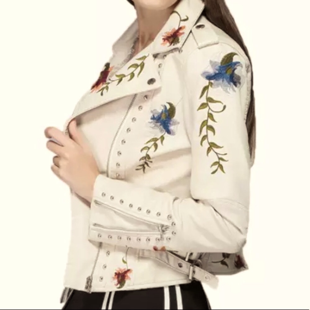 🎉New Chic Ivory Floral Print Embroidery FauxLeather Moto Jacket - Picture 8 of 16